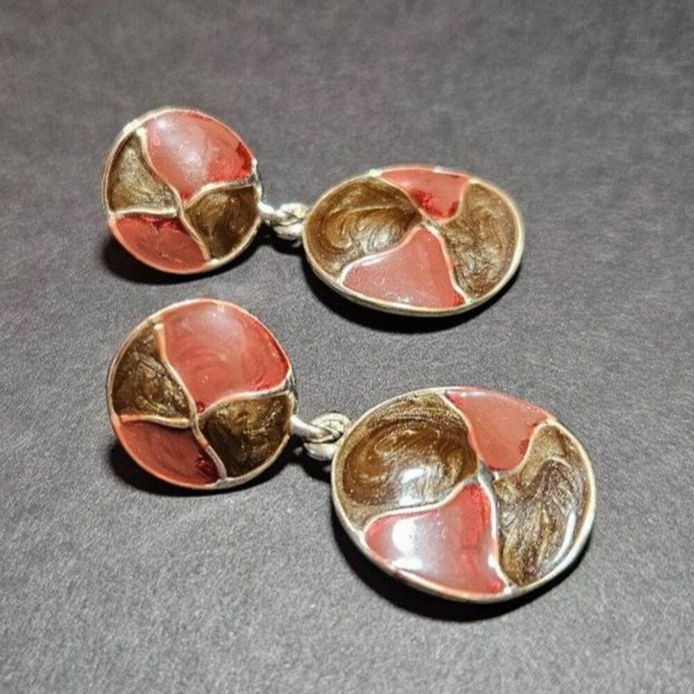 Vintage silver tone round enamel dangling earrings - Picture 7 of 8